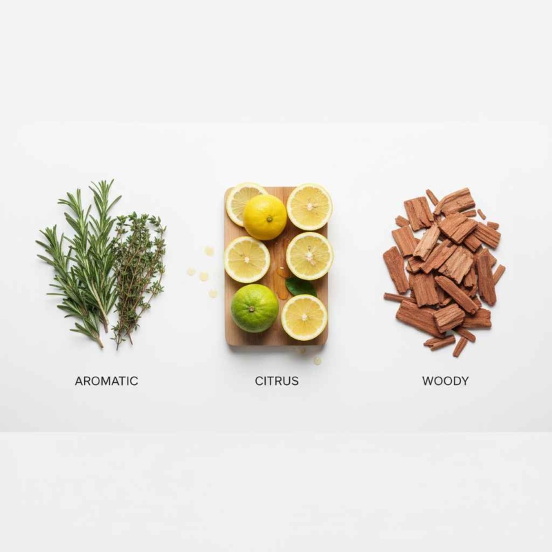 Bảng so sánh trực quan giữa nước hoa nhóm Aromatic và các nhóm hương khác qua nguyên liệu tự nhiên